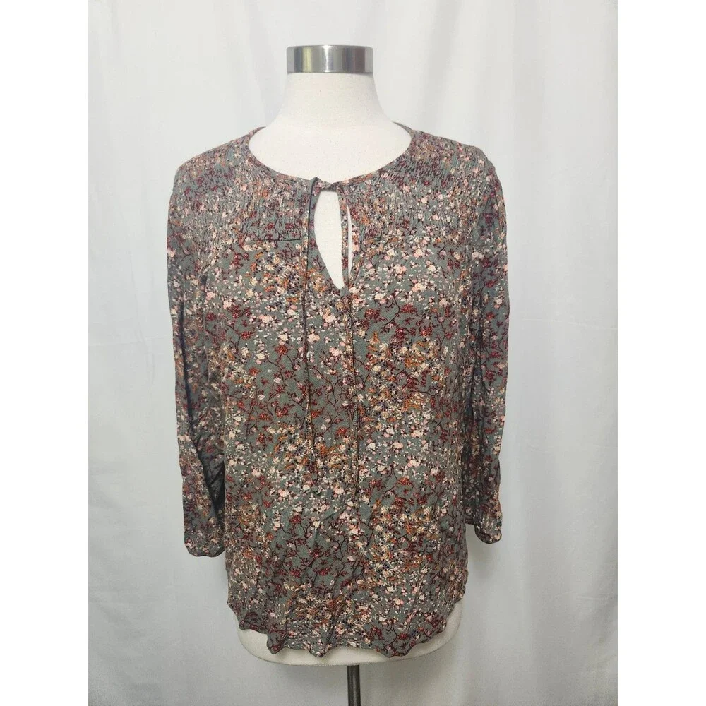 Bohemian Babydoll Top Womens XL Floral Tie V Neck Blouse Romantic Cottage Core